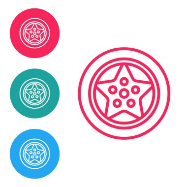 Kırmızı çizgi Araba Tekerleği simgesi beyaz arkaplanda izole edildi. Simgeleri daire düğmelerine ayır. Vektör.