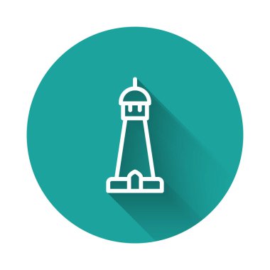 Beyaz çizgili cami kulesi ya da uzun gölgeli minare ikonu. Yeşil daire düğmesi. Vektör.