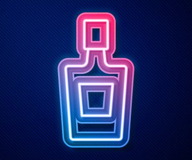 Parlayan neon hattı tekila şişesi ikonu mavi arka planda izole edildi. Meksika alkolü. Vektör.