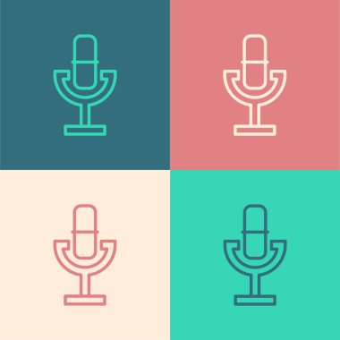 Pop sanat çizgisi mikrofon simgesi renk arkaplanında izole edildi. Radyodaki mikrofondan. Sözcü işareti. Vektör.
