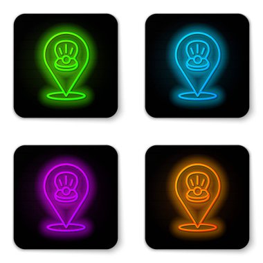 Parlayan neon hattı Scallop deniz kabuğu simgesi beyaz arkaplanda izole edildi. Deniz kabuğu işareti. Siyah kare düğme. Vektör.