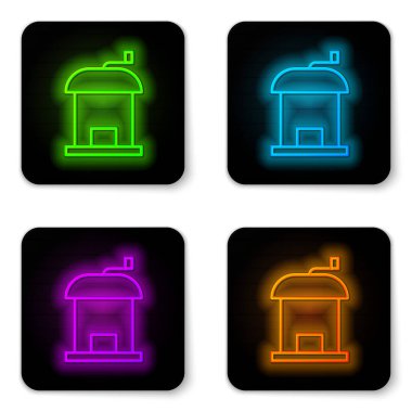 Parlayan neon çizgisi Manual kahve öğütücü simgesi beyaz arkaplanda izole edildi. Siyah kare düğme. Vektör.