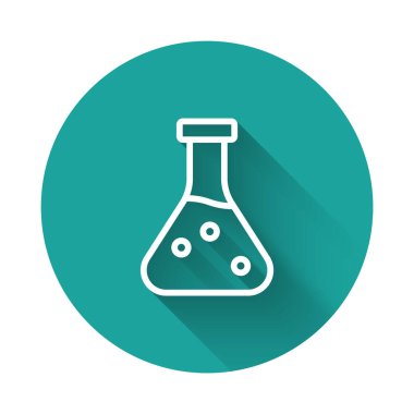 Beyaz çizgi test tüpü ve uzun gölge arkaplan izole edilmiş kimyasal test ikonu. Laboratuvar cam levhası. Yeşil daire düğmesi. Vektör