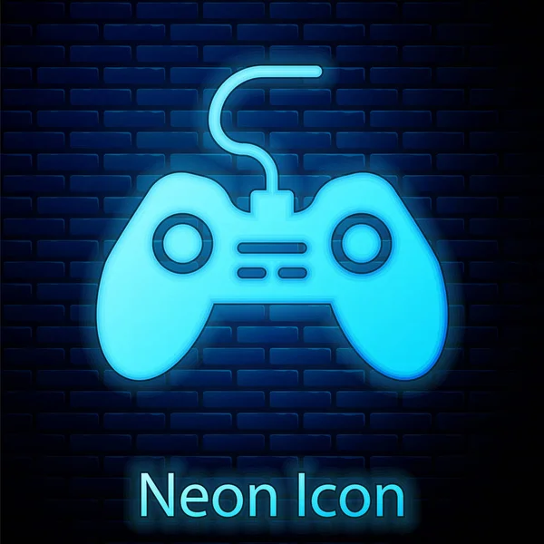 Gloeiende Neon Gamepad Pictogram Geïsoleerd Bakstenen Muur Achtergrond Spelregelaar Vector — Stockvector