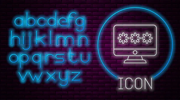 ネオンラインを光るレンガの壁の背景に隔離されたパスワード通知アイコンとモニター セキュリティ 個人アクセス ユーザー承認 ログインフォーム ネオンライトアルファベット ベクターイラスト — ストックベクタ