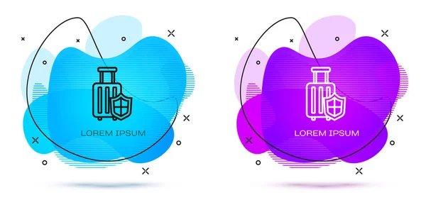ライン白い背景にシールドアイコンが隔離された旅行スーツケース 旅行手荷物保険 セキュリティ 安全性 保護の概念 液体の形をした抽象バナー ベクトル — ストックベクタ