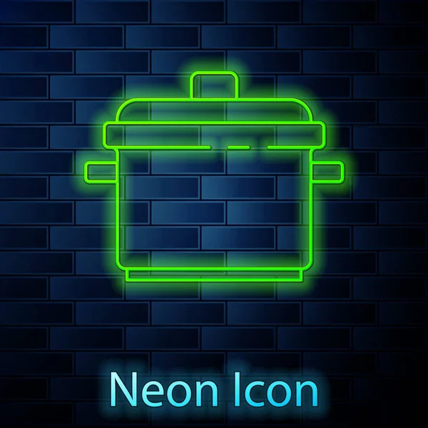 Gloeiende Neon Lijn Koken Pot Pictogram Geïsoleerd Baksteen Muur Achtergrond — Stockvector