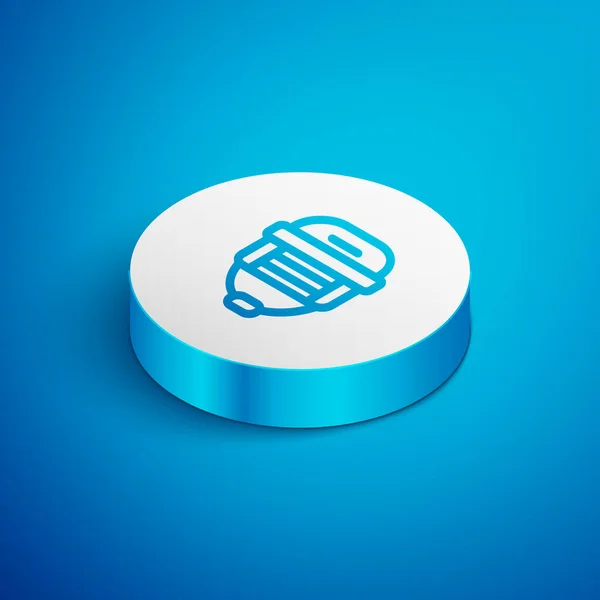 Isometric line Hockey helmet icon isolated on blue background. White circle button. Vector.