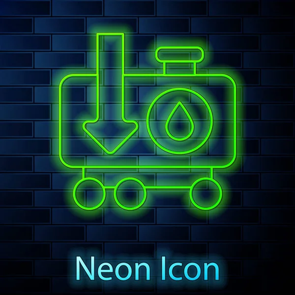 Glowing Neon Line Drop Crude Oil Price Icon Isolated Brick — Stock Vector