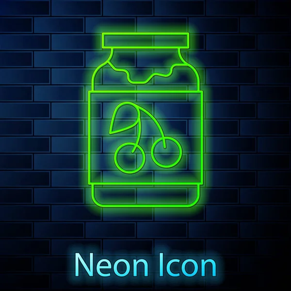 Glowing Neon Line Jam Jar Icon Isolated Brick Wall Background — Stock Vector