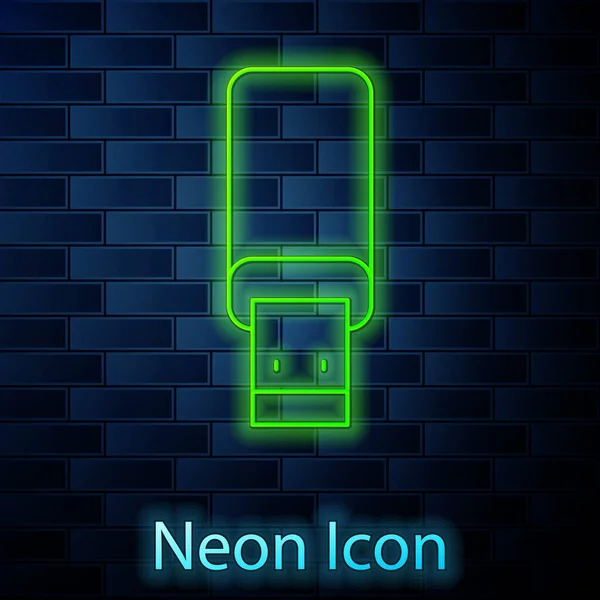 Leuchtende Neon Line Usb Stick Symbol Isoliert Auf Ziegelwand Hintergrund — Stockvektor