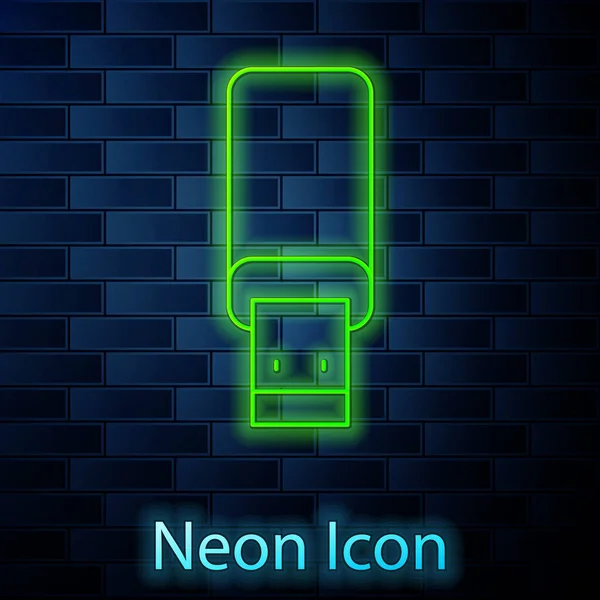 Icona Flash Drive Usb Linea Fluorescente Neon Isolato Sfondo Muro — Vettoriale Stock