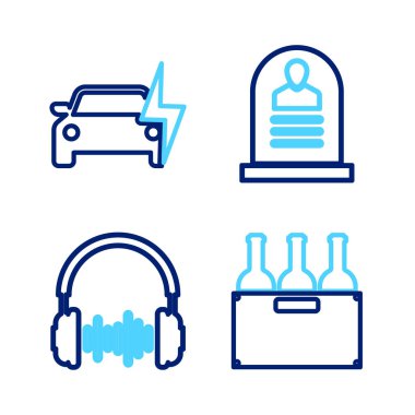 Kutuda şarap şişeleri, kulaklık ve ses dalgaları RIP yazılı Tombstone ve elektrikli araba ikonu. Vektör