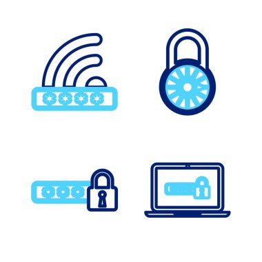 Dizüstü bilgisayarın şifresini, şifre korumasını, güvenli kilit çarkını ve Wifi 'nin kilit simgesini ayarla. Vektör