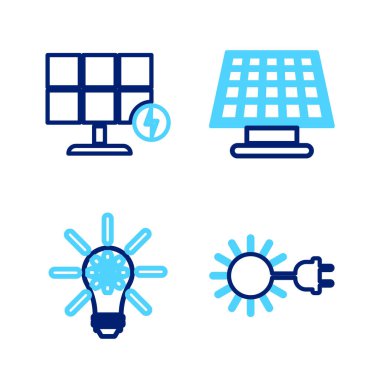 Güneş hattını elektrik prizi, ampul teçhizatı, güneş enerjisi paneli ve simgeyle ayarla. Vektör