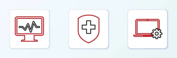 Ustaw Linię Laptop Bieg Monitor Kardiogramem Ikoną Krzyża Tarczy Medycznej — Wektor stockowy