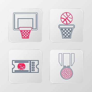 Set çizgisi basketbol madalyası, basketbollu kalp, spor şampiyonu podyum ve ikon. Vektör