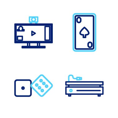 Satır satırı oyun konsolu, oyun zarları, elmaslarla kart oynamak ve çevrimiçi canlı yayın simgesi. Vektör