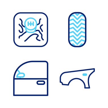 Çamurluk, kapı, lastik ve vites kutusu ikonunu ayarla. Vektör