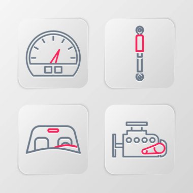 Hat çizgisi, araba motoru, ön cam, şok emici ve hız göstergesi simgesi. Vektör
