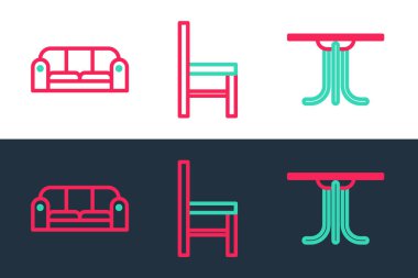 Yuvarlak masa, kanepe ve sandalye simgesi. Vektör