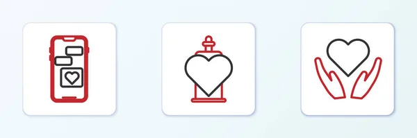 Set Line Coeur Main Mobile Avec Coeur Icône Potion Amour — Image vectorielle