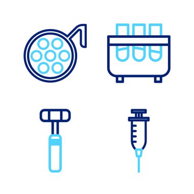 Şırınga, nöroloji refleks çekici, test tüpü, matara ve ameliyat lambası ikonunu hazırlayın. Vektör
