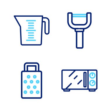 Mikrodalga fırın rendeleyici ve ölçme kabı simgesini ayarla. Vektör.