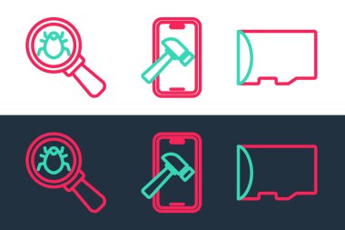 Kırık ekran simgesi ile Micro SD hafıza kartı hata ve Mobil satırını ayarla. Vektör.