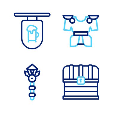 Göğüs büyüsü asası, çelik yelek ve bar ikonuyla sokak tabelasını ayarlayın. Vektör.