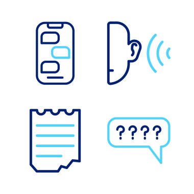 Konuşma baloncuklarını Soru Defteri Kulak, ses sinyali ve Yeni Sohbet ileti bildirim simgesi ile ayarla. Vektör.