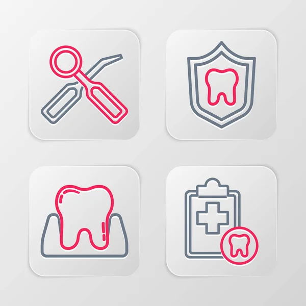 Set Line Tarjeta Dental Icono Espejo Protección Inspección Dental Vector — Vector de stock