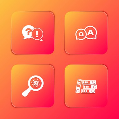 Soru ve Ünlem, Yanıt, Mikroorganizmaları büyüteç ve Ofis dizin simgesi altında ayarla. Vektör.