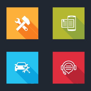 Çapraz çekiç ve ingiliz anahtarı, akıllı telefon kitabı, araba servisi ve konuşma balonu sohbet ikonlu kulaklıkları ayarla. Vektör.