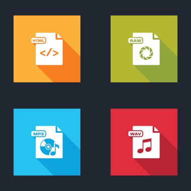 HTML dosya belgesi, RAW, MP3 ve WAV simgesini ayarla. Vektör.