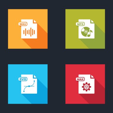 WAV dosya belgesini, MP3, SVG ve MAX simgesini ayarla. Vektör.