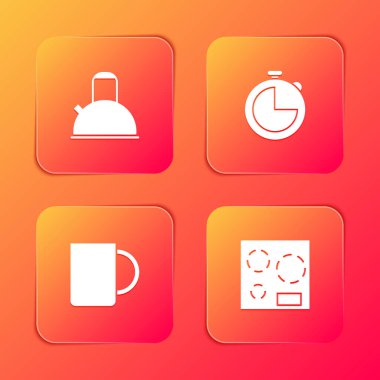 Kettle 'ı kulplu ayarla, mutfak zamanlayıcısı, kahve fincanı ve elektrikli soba ikonu. Vektör.