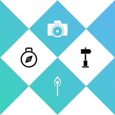 Pusula, yangın söndürme kibriti, fotoğraf makinesi ve trafik levhası simgesi. Vektör.