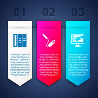 Broşür, boya fırçası ve bilgisayar monitörü ekranını ayarla. Ticari bilgi şablonu. Vektör.