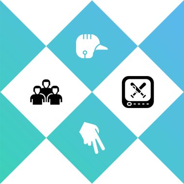 Beyzbol oyuncularından oluşan takım, beyzbol eldiveni, kask ve oyun ikonlu monitör. Vektör.