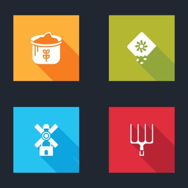 Un torbası, tohum tohumu, yel değirmeni ve bahçe yabası ikonu. Vektör.