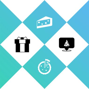 Hediye kutusu, ev yapımı turta, bir dilim kek ve pizza ikonu. Vektör.