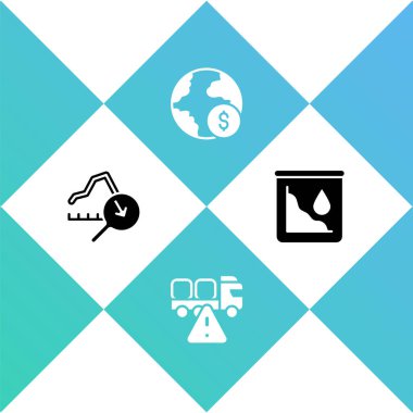 Küresel ekonomik kriz çıkar, kargo kamyonunu durdur ve ham petrol fiyatları ikonunu düşür. Vektör.