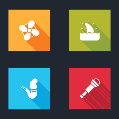 Tekne pervanesi köpekbalığı yüzgecini okyanus dalgası sigara içme borusuna ve Spyglass teleskop lensi simgesine ayarla. Vektör.