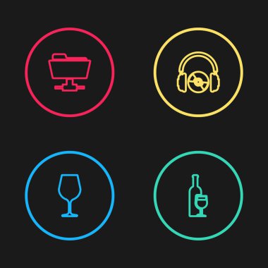 Şarap kadehini, şişeyi, kulaklığı, CD 'yi veya DVD' yi ve FTP klasör simgesini ayarla. Vektör.