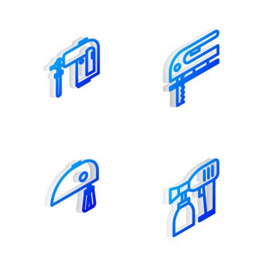 Elektrik testeresi, döner çekiç matkabı, mikser ve boya sprey tabancası ikonunu ayarla. Vektör.