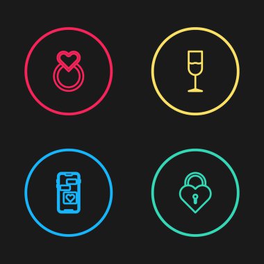 Hareketli hatları kalple, Castle 'ı şarap kadehi ve alyans simgesi şeklinde ayarla. Vektör.