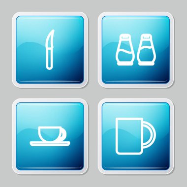 Sıralı bıçak, tuz ve biber, kahve fincanı ve ikon. Vektör.