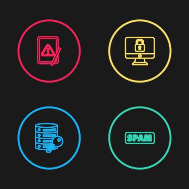 Satır Server güvenliğini anahtar, spam, Lock bilgisayar monitörüne ve Tablet ünlem simgesine ayarla. Vektör.
