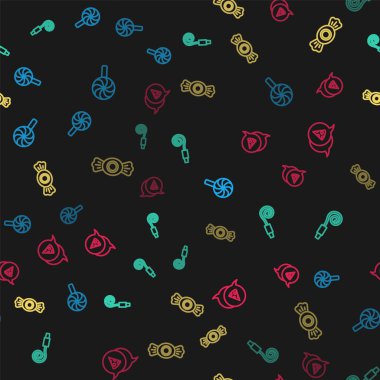 Hattı belirle, lolipop, doğum günü partisi kornası, şeker ve dilimlenmiş pizza kusursuz desenli. Vektör.